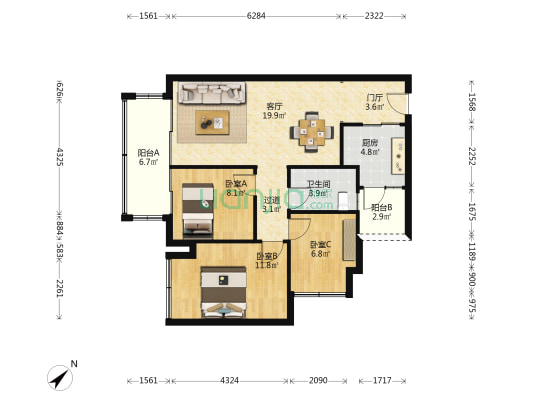西阅星辰C区 3室1厅1卫 89平方