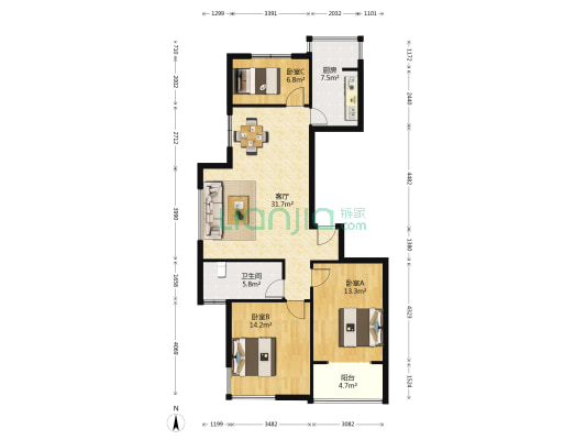 海韵花园 3室1厅1卫 110平方