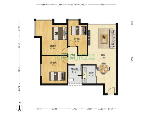 锦江金都 3室1厅1卫 97平方