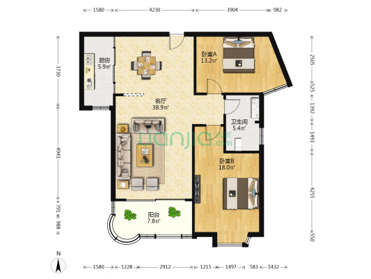 福田花园 2室1厅1卫 121平方