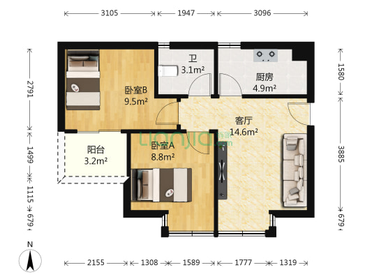 明发江南景苑 2室1厅1卫 55平方