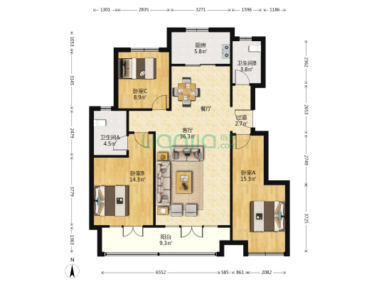 檀府御园 3室1厅2卫 128平方