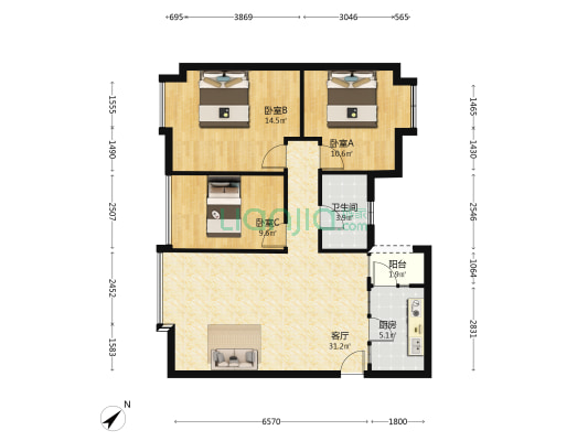蓝色空间蓝梦 3室1厅1卫 88平方