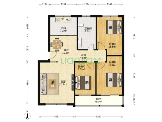 建筑公司宿舍 3室2厅1卫 120平方