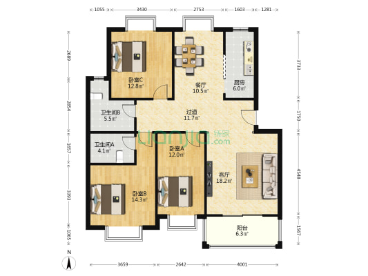时代广场 3室2厅2卫 125平方