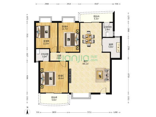 吉宝佳园 3室1厅2卫 128平方