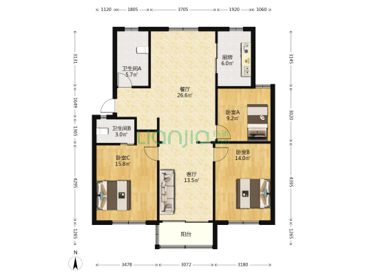 共青新村A区 3室2厅2卫 117平方