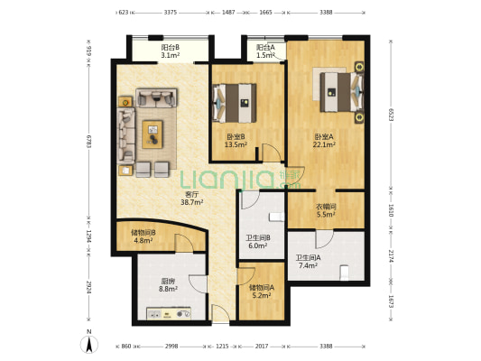 迎宾国际公寓 2室1厅2卫 167平方