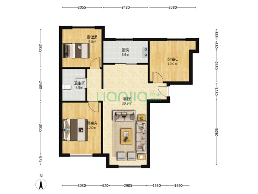 满二，南北通透，中高楼层，经抓捕、精装 明卫-户型图