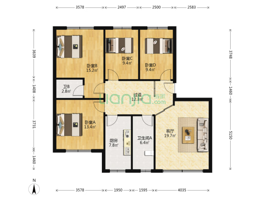 白云南路394号 4室1厅2卫 130平方