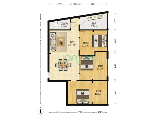 新九州花园二号区 3室1厅1卫 97平方