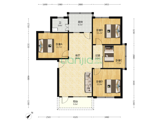 三中宿舍 4室1厅1卫 106平方