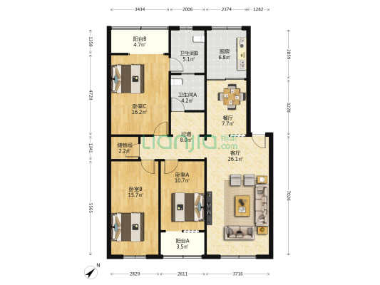 富祥小区 3室2厅2卫 134平方
