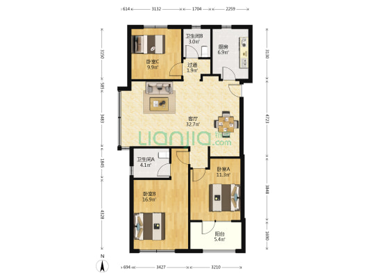 龙湖春江郦城二期 3室1厅2卫 117平方