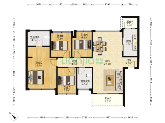 大悦城天玺壹号 4室1厅2卫 120平方
