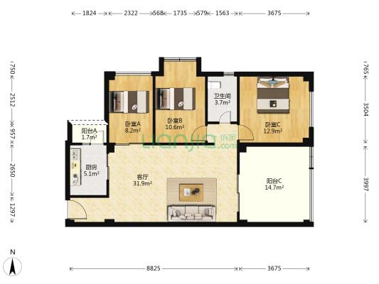 凌江尚府 3室1厅1卫 89平方