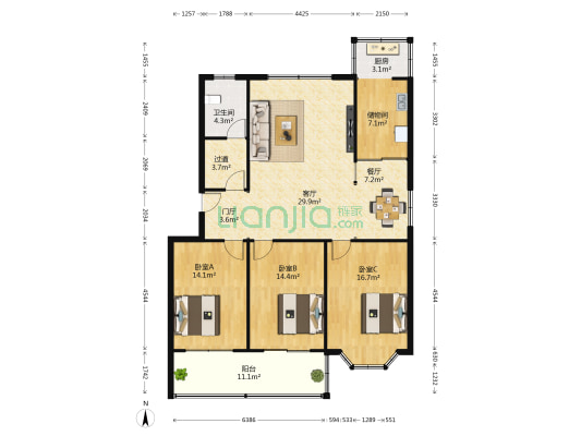 纺织行业办公室宿舍 3室2厅1卫 141平方