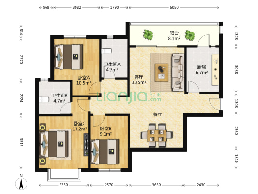 恒大翡翠华庭 3室1厅2卫 115平方