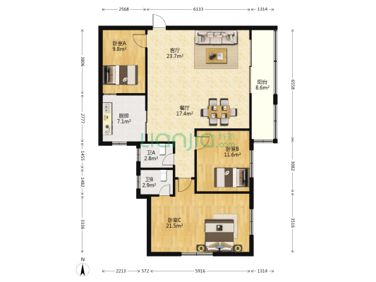 雄昌花园 3室2厅2卫 129平方