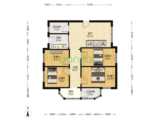 海怡阁 4室1厅2卫 85平方