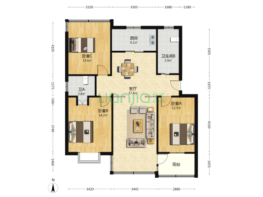琴枫南苑 3室1厅2卫 115平方
