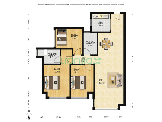 亚运城天逸 3室1厅2卫 113平方