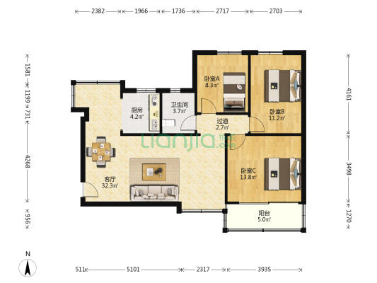 梅林苑 3室1厅1卫 90平方