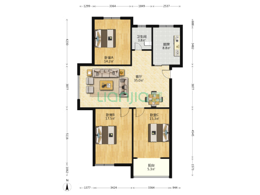 云庐香樟园 3室1厅1卫 128平方