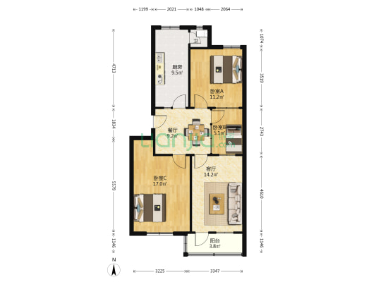 汽修厂宿舍 3室2厅1卫 83平方
