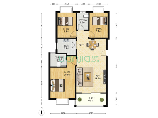 源泉山庄B区 3室1厅2卫 103平方