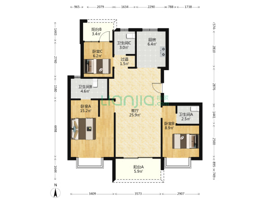 海伦堡璟和府 3室1厅3卫 109平方