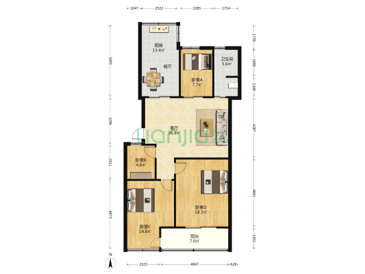 省工商银行宿舍 4室1厅1卫 114平方