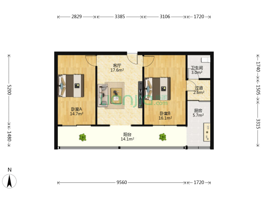 方达小区 2室1厅1卫 87平方
