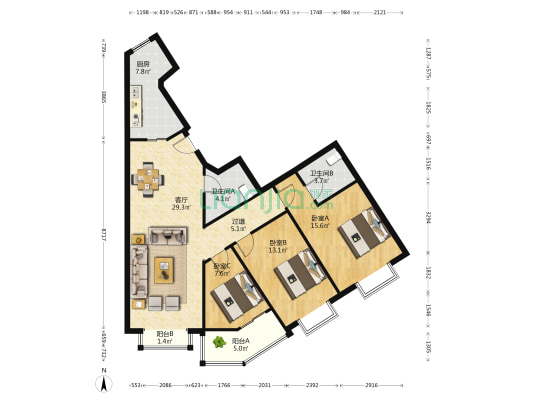 澳景大厦 3室1厅2卫 146平方