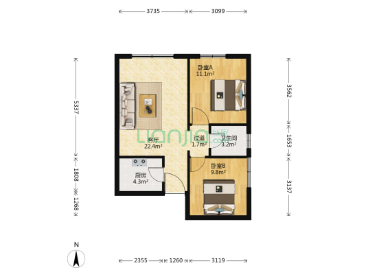 市南路22号 2室1厅1卫 69平方