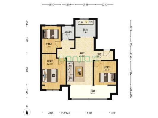 原山珺花园 3室1厅1卫 93平方