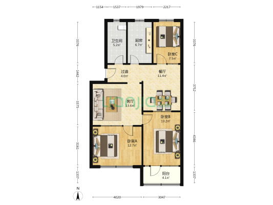 百乐二园 3室2厅1卫 94平方
