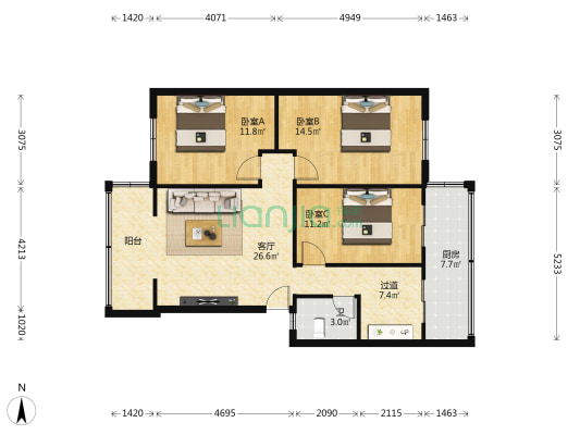 双桥路南三街 3室1厅1卫 91平方