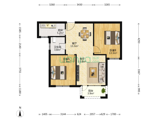 天洲视界城D区 2室2厅1卫 95平方