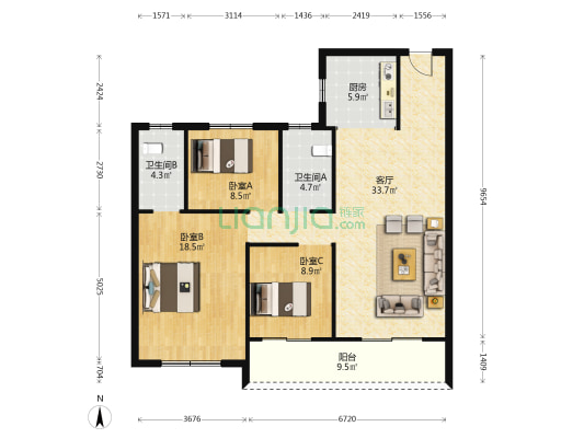 碧桂园新都荟西区 3室1厅2卫 120平方