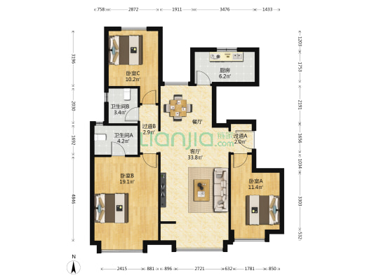 紫云府二期 3室1厅2卫 128平方