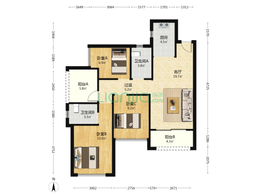 建信天宸 3室1厅2卫 95平方