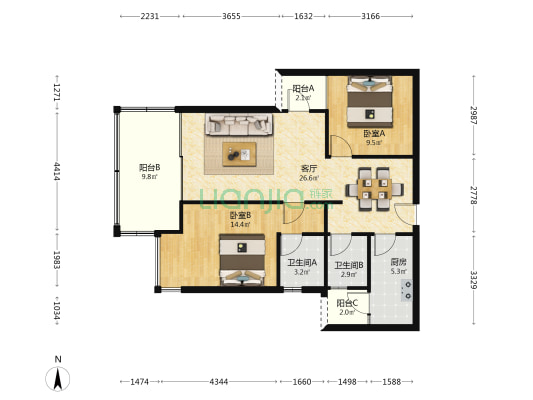 珠江城天悦江湾二期 2室1厅2卫 98平方