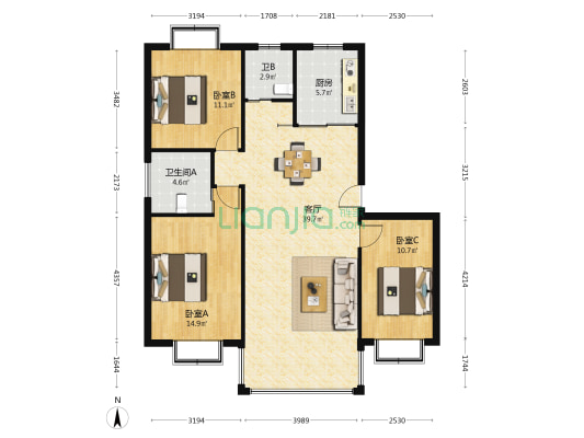 格林春天 3室1厅2卫 108平方