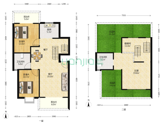 旭景佳园 2室1厅2卫 130平方