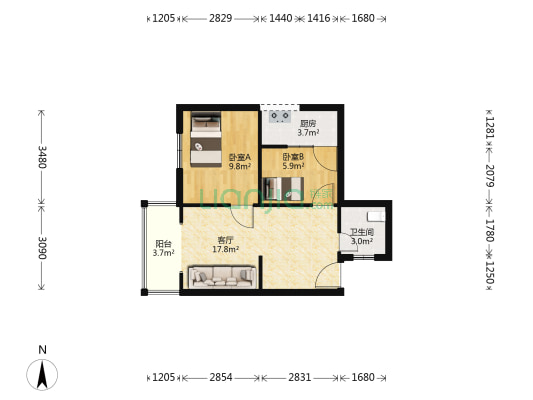 幸福小区 2室1厅1卫 55平方