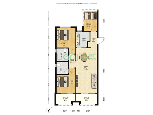 招商雍江湾 3室1厅2卫 106平方