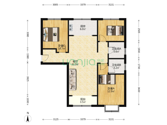 此房南北通透三居，中高楼层，采光视野好！！！-户型图