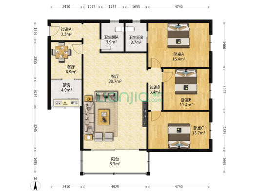 芙蓉苑一期 3室2厅2卫 129平方