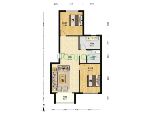 丰泽家园 2室1厅1卫 90平方